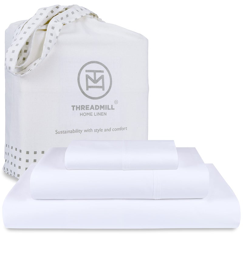 Threadmill مجموعة ملاءات قطنية مزدوجة من Threadmill | ملاءات قطنية 100% للسرير المزدوج | طقم ملاءات سرير مزدوجة من الساتين الصلب مع 16 جيبًا عميقًا | مجموعة ملاءات تبريد ناعمة قابلة للتنفس مكونة من 3 قطع | أبيض - Image 1